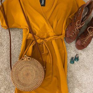 Mustard Wrap Over Belted Dress